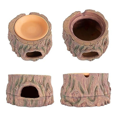 3 in 1 Reptile Hide Cave with Detachable Base & Humidity Dish, Essential Tank Terrarium Decor Humid Hideout Accessories for Small Reptiles Crested Gecko, Leopard Gecko, Lizard, Snake, Crabs