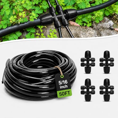 50FT 5/16 Inch Mainline Tubing with 6-Way Couplers, 4-Pack | Compact Mainline Kit for DIY Irrigation. Four Push-to-Connect 6-Way Couplers Help Create Branches in Raised Beds and Gardens. - size: 50FT - 5/16" Tubing