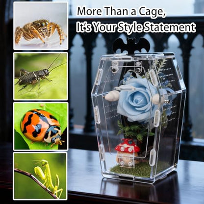 Acrylic Spider Enclosure Coffin House with Magnetic Lock | Coffin-Shaped House, Magnetic Lock & Feeding Port, No Tools Assembly, Jumping Spider Habitat, Easy Clean - color: Black
