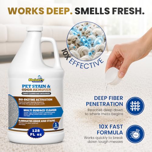 Sheiner's Pet Urine Enzyme Cleaner & Pet Stain & Odor Remover, Advanced Enzymatic Cleaner Solution for Carpets, Rugs, Upholstery & Multi-Surfaces, Safe for Pets & Kids. (128 oz) - size: 128 Fl Oz (Pack of 1)