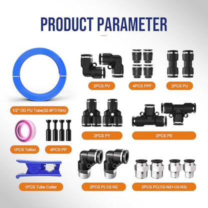 1/2 OD Inch Air Line Hose Tubing Kit Poly Airline Blue | Polyurethane Compressed Pneumatic Compressor Repair Kit With Push To Connect Fittings - color: Blue, size: 1/2" OD