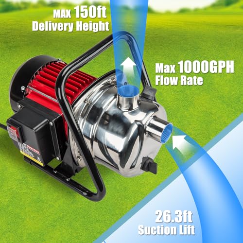 Water Transfer Garden Pump, 1.6 HP 1000GPH Portable Electric Shallow Well Jet Pump, Stainless Steel Sprinkler Pressure Booster Pump for Pool Draining, Lawn Fountain, Irrigation, Water Removal - style: 1.6HP
