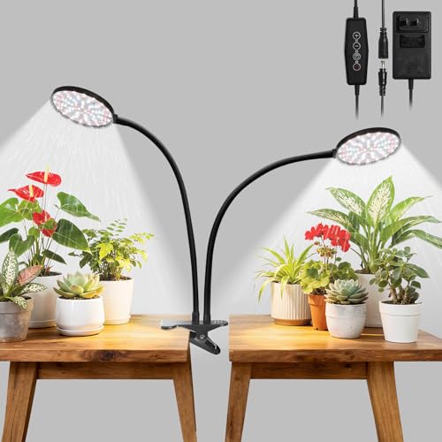 Clip On Grow Lights for Indoor Plants, High PAR & PPFD Full Spectrum Plant Light with Auto On/Off Timer, 5 Dimmable Levels, Flexible Gooseneck LED Grow Lamp for Indoor Growing - size: 4.8-inch Dual Head