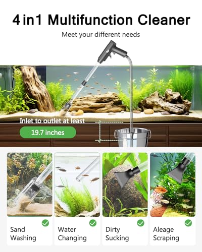 AQQA 4-in-1 Aquarium Gravel Cleaner, Adjustable Flow Fish Tank Vacuum | Multi-use for Water Changing, Gravel Sand Cleaning, Dirty Sucking, Ergonomic Design for Daily Fish Tank Maintenance - size: S