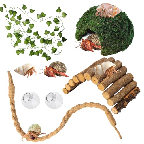 Hermit Crab Accessories, Hermit Crab Climbing Toys, Bendable Rope Bridge Wooden Shell Hideout Hut Plants for Reptile Amphibians Hermit Crab Tank Accessories Supplies