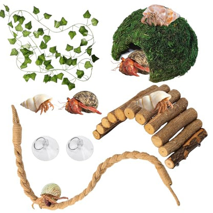 Hermit Crab Accessories, Hermit Crab Climbing Toys, Bendable Rope Bridge Wooden Shell Hideout Hut Plants for Reptile Amphibians Hermit Crab Tank Accessories Supplies