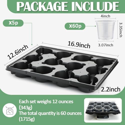 RooTrimmer 12 Cell Nursery Pot Trays 5 Pack with 4 Inch Clear Plant Pots 60 Pack, Thick Sturdy Seeds Starting Germination Shuttle Carrying Trays, Black Small Planter Nursery Propagation 5 Sets - color: Black + Clear, size: 4 Inch 60 Pack Pots With 5 Pack