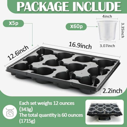 RooTrimmer 12 Cell Nursery Pot Trays 5 Pack with 4 Inch Clear Plant Pots 60 Pack, Thick Sturdy Seeds Starting Germination Shuttle Carrying Trays, Black Small Planter Nursery Propagation 5 Sets - color: Black + Clear, size: 4 Inch 60 Pack Pots With 5 Pack