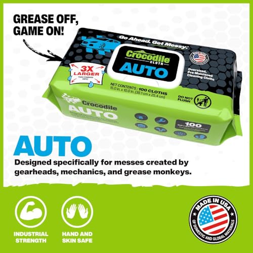 Crocodile Cloth Auto Degreasing Hand & Tool Wipes, 6 Packs, 600 Count | Car Wipes for Engine Degreaser, Detailing, Tires, Tools & DIY Projects - size: 100 Count (Pack of 6)