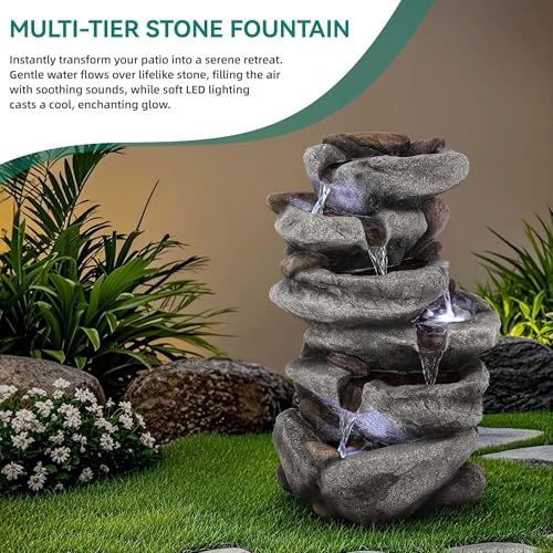 20" H Rock Outdoor Water Fountain with LED Lights | Unique 5-Tier Cascading Waterfall for Garden Patio Yard, Weather-Resistant Polyresin Water Feature for Tranquil Zen Oasis - color: 20"h-rock Gray
