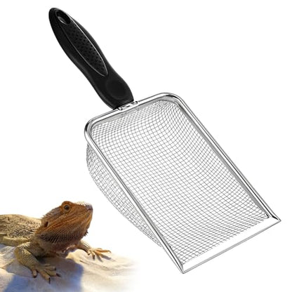 Stainless Steel Mesh Litter Shovel, Fine Mesh Metal Reptile Litter Cleaner Scooper, Black Non-Slip Handle Sifter for Lizard Substrate Reptile Terrarium Sand Waste