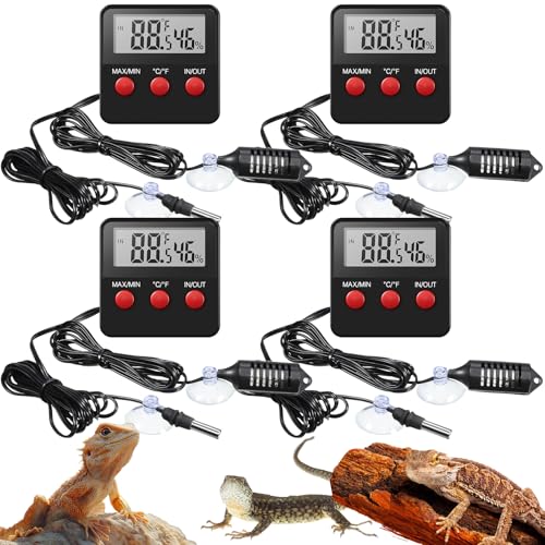 Weewooday 4 Pcs Reptile Thermometer and Humidity Gauge Reptile Terrarium Thermometer Hygrometer with Probes Indoor Outdoor Digital Pet Temperature and Hygrometer Gauge for Pet Keeping