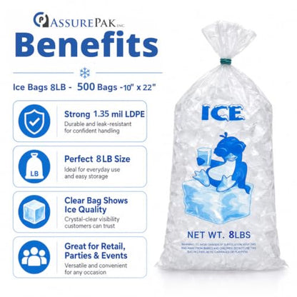 8 lb Ice Bags, 10" x 20", 1.35 Mil, 500 Count