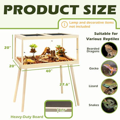 Bearded Dragon Tank with Leg Stand 62 Gallons, Wooden Lizard Tank,Reptile Tank with Metal Mesh Roof Door, Acrylic Panel Snake Tank with Lock Design (Oak, 40"x20"x20") - color: Oak, size: 40"x20"x20"