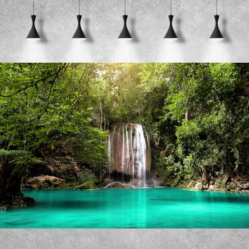 Jungle Waterfall Aquarium Background Lush Green Rainforest Rocks Terrarium Background Falls Green Plants Natural Landscape Fish Tank Background Lake Stream Waterfall Reptile Background 24x12in - color: Turquoise, size: 24(W)x12(H)in