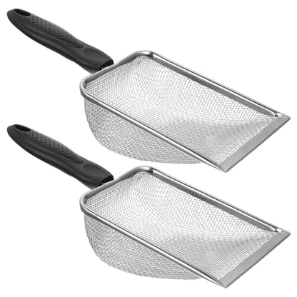 FOMIYES 2pcs Stainless Steel Substrate Scoop for Reptile and Fish Tanks, Mesh Litter Scoop with Streamlined Antislip Handle, Arc Shape for Easy Cleaning and Reaches Tank Corners