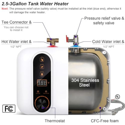 110V-120V 1.5Kw Instant Electric Hot Water Heater Under Kitchen Small Tank 2.5-3.0 Gallon Storage,Rv Trailer Instant Counter Compact Point-of-Use,2 PCs 16” Long 1/2”FIP Stainless Steel Water Hose 11L