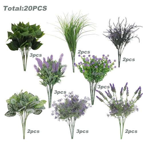 20PCS Artificial Plants Outdoor, Faux Lavender & Greenery Stems for Outside | UV Resistant Faux Outdoor plants, Artificial Flowers for Outdoors, Garden Patio Porch, Window Box, Spring Summer Home Decor - color: Lavender