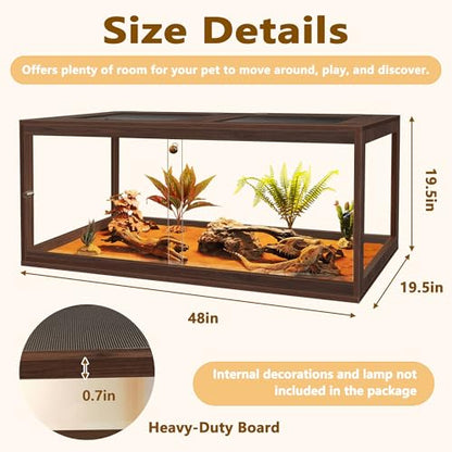 Bearded Dragon Tank 81 Gallon, 48 x 20 x 20 Inch Wooden Reptile Enclosure with Metal Mesh Top, Clear Acrylic Sliding Doors and Lock, Large Lizard and Snake Tank, Walnut