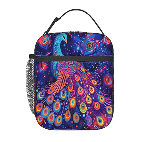 Neon Peacock Art Adult Insulated Lunch Bag, Portable Thermal Cooler Tote With Pockets, Durable Polyester Lunch Box With Handle For Work, Office, Travel - color: Style 2