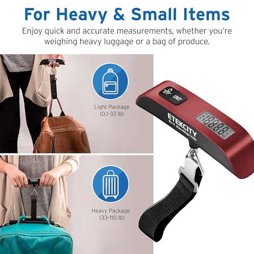 Etekcity Luggage Scale, Digital Weight Scales for Travel Accessories Essentials Suitcases , Portable Handheld Scale with Temperature Sensor, Rubber Paint, 110 Pounds, Battery Included | Travel Essentials, Air Travel, Suitcase, Hanging Hook, Rubber Grip, B