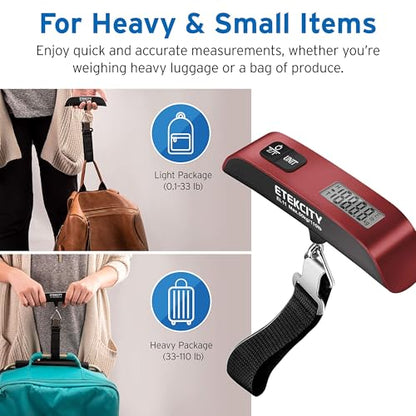 Etekcity Luggage Scale, Digital Weight Scales for Travel Accessories Essentials Suitcases , Portable Handheld Scale with Temperature Sensor, Rubber Paint, 110 Pounds, Battery Included | Travel Essentials, Air Travel, Suitcase, Hanging Hook, Rubber Grip, B