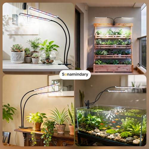 LED Grow Lights for Indoor Plants, Clip-On Clamp, Dual Head | 120 LEDs, Metal Arms with Silicone Sleeves, Upgraded 9V System, 5700K Full Spectrum, 4/8/12H Timer, 5 Brightness Levels - size: Clamp-2 Head
