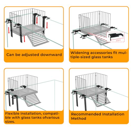 Turtle Basking Platform with Ramp, for 10-30 Gal Tank | Sliding hooks adjust water depth easily. Fits 11-13 inch rim. Rust-proof SS, non-slip ramp for safe climbing.