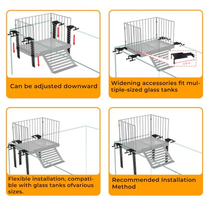 Turtle Basking Platform with Ramp, for 10-30 Gal Tank | Sliding hooks adjust water depth easily. Fits 11-13 inch rim. Rust-proof SS, non-slip ramp for safe climbing.