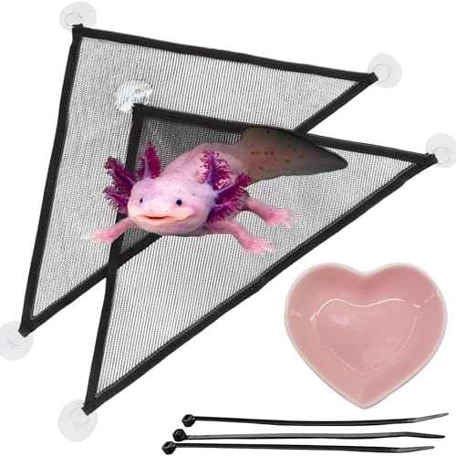 Axolotl Hammock for Aquarium and Ceramic Feeding Dish, Axolotl Hammock, Reptile Triangle Hammocks with Tray Feeder, Axolotls Accessories for Tank, Bearded Dragon Tank Accessories (Black, M) - size: M
