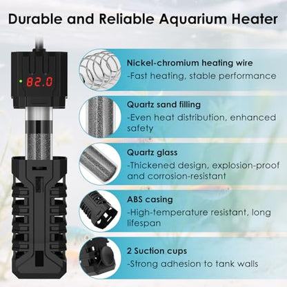 50W Aquarium Heater, Adjustable Small Fish Tank Heater, with Digital Display, Overheat Protection & Dry Run Protection, for 5-10 Gallon Water - size: For 5-10 Gal