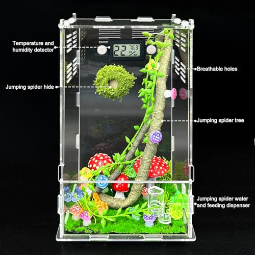 Jumping Spider Enclosure,DIY Insects Habitat,Small Reptile Terrarium Glass House Accessories Set,with Temperature and Humidity Detector Water Feeder Platform Hide,5.5“x5.5”x9.5“ (Luminous Mushrooms) - color: Luminous mushrooms