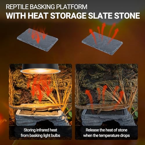 REPTI ZOO Large Bearded Dragon Basking Platform, 12.5x7x5 inch Gecko Hide Cave with Heat Storage Slate Stone, Reptile Basking Rock Climing Hideout for Leopard Crested Gecko Lizard Turtle