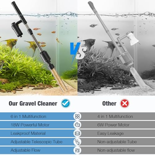 AKKEE Aquarium Vacuum Gravel Cleaner, 18W Electric Fish Tank Cleaner Vacuum, 6 in 1 Multifunctional Aquarium Cleaner for Automatic Water Change, Wash Sand, Water Circulation and Timed Off，Black