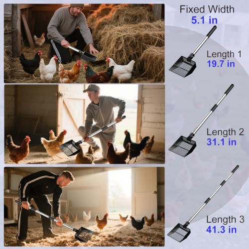 5.1in Width Small Metal Chicken Poop Scooper Litter Cleaning Shovel | Angle Adjustable / Metal made / No Back Bend over / Long Handle Adjust 19.7"-41.3" / Dog Cat Pet Goat Pen Garden Horse Barn