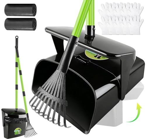 Pooper Scooper Swivel Bin & Rake with 50 Waste Bags, 38" Long Adjustable Handle Dog Poop Scooper for Yard Large Medium Small Dog, Easy to Clean Pet Waste Use on Grass, Dirt, Concrete or Gravel