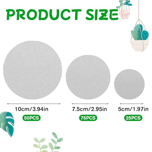JJUNW 150 Pcs Flower Pot Hole Mesh Pad, 2 3 4 Inch Assorted Sizes Rounds Drainage Hole Mesh Pad, Plant Drainage Screens Gasket for Bonsai Bottom Prevent Soil Leaking