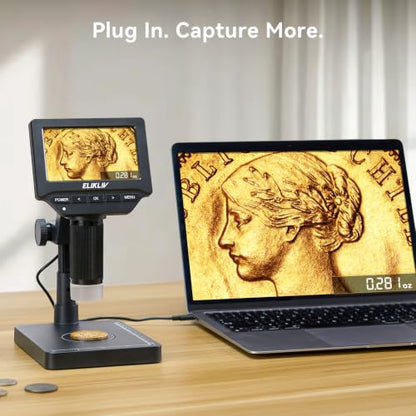 Elikliv EDM4C Coin Microscope with Scale：4.3" Digital Microscope with Adjustable LED, Error Coin Magnifier with Screen & Weighing Scope for Collectors, Jewelers, Students, Windows/Mac Compatible - color: Gray