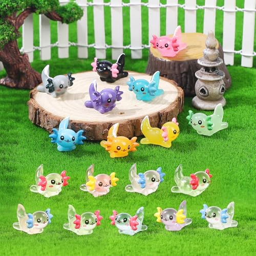 Luminous Mini Resin Axolotl 17 Glow Tiny Little Resin Axolotl hides Plastic Animals Digital Garden Miniature Landscape Aquarium Potting DIY Miniature Dollhouse Decor (51 PCS)