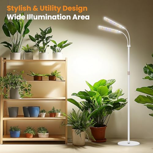 Kullsinss Grow Lights for Indoor Plants with Stand, 2-Heads Full Specturm Plant Grow Light with 4/8/12/16H Timer, 3 Color Modes, 360° Flexible Gooseneck, 24-68.7in Hight Adjustable Plant Growing Lamp - color: 2 Heads (White)