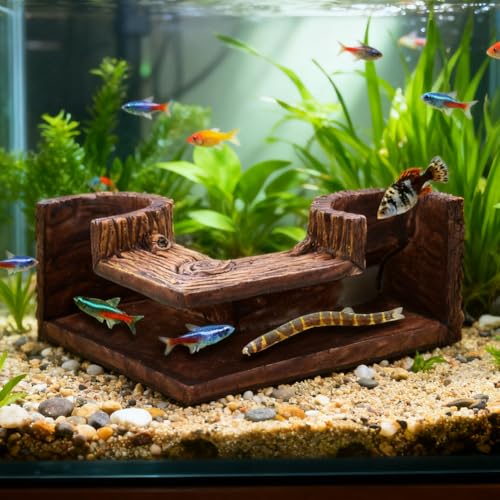 Aquarium Cave, Natural-Looking Wood-Like Fish Tank Cave for Corners, 5.1” x 2” x 2.6” Tunnel Cave & Hideout for Aquarium Guppy, Corydoras Catfish, Bettas Hide