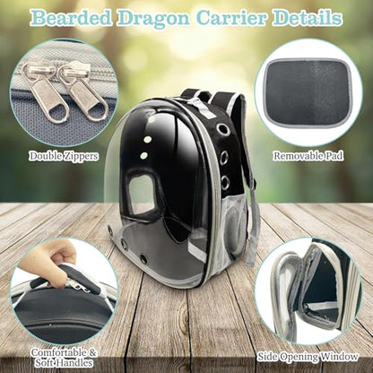 PINVNBY Bearded Dragon Carrier Backpack with Harness and Leash Set Large Reptile Travel Carrier Portable Lizard Backpack Clear Bubble Window Small Animal Carrying Bag for Gecko Kitten Rabbit (Black) - color: Black
