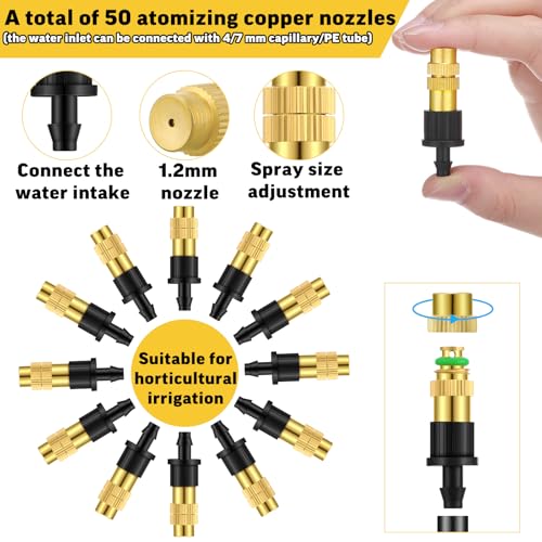 50 Pack 1/4" Misting Nozzles, Adjustable Copper Irrigation Atomizing Spray Emitters Drip Sprinkler Heads for Garden, Greenhouse, Agricultural, Patio Misting, Outdoor Cooling System(Short) - style: Short