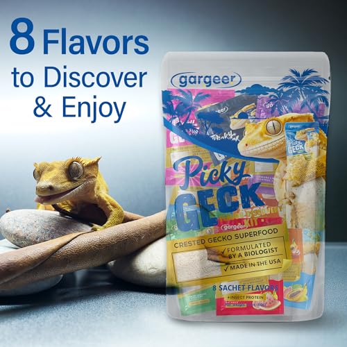 Gargeer 2.4oz Picky Geck 8 Sachet Flavours Crested Gecko Food Discovery Kit | Stop wasting food! Test 8 gourmet sachet flavors to win over picky geckos. Probiotic-infused, clean-label fruit & insect diet - size: 0.3 Ounce (Pack of 8)
