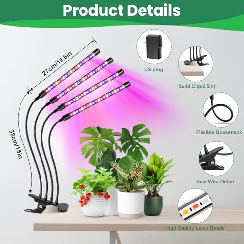 Grow Lights for Indoor Plants, Full Spectrum with Clip, 4 Head | 6000K Plant Light, Timer 6/12/16Hrs, 3 Spectrums, 5 Dimmable Levels, Flexible Gooseneck - size: (1 Pack)4 Arms