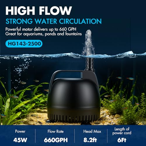 hygger 660GPH Submersible Pump Aquarium, Fish Tank Water Pump Adjustable Flow with 2 Nozzles, 8.2 ft High Lift Quiet Fountain Pump for Aquarium, Pond, Hydroponics, Water Garden - size: M