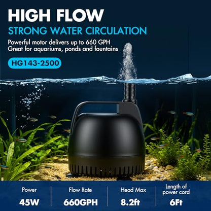 hygger 660GPH Submersible Pump Aquarium, Fish Tank Water Pump Adjustable Flow with 2 Nozzles, 8.2 ft High Lift Quiet Fountain Pump for Aquarium, Pond, Hydroponics, Water Garden - size: M