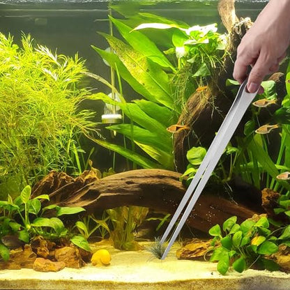 Long Tweezers for Aquarium 15 inch - 2 Pcs Stainless Steel Reptile Feeding Tongs, Curved and Straight Design with No Slip Tips,Terrarium Aquascape Tools Snake Bearded Dragon Tank Accessories