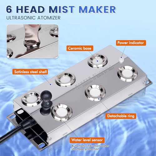 Ultrasonic Mist Maker 6 Head, 4500mL/H Pond Fogger with 250W Power Supply, Buoy, Replacement Discs, for Pond, Garden, Rockery, Greenhouse,Mushroom Halloween Decoration (6 Heads) - style: 6 Heads