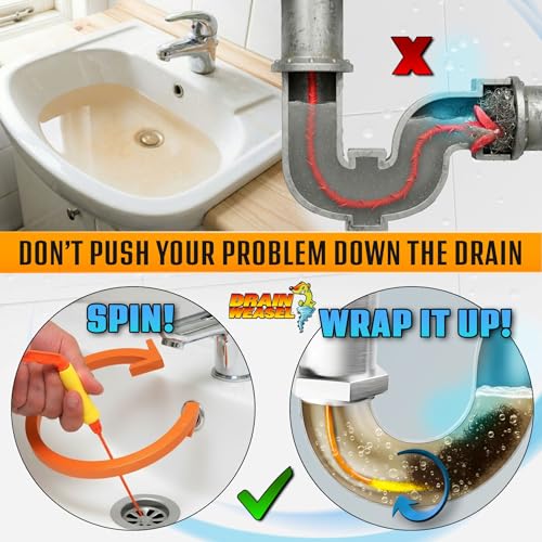 FlexiSnake Drain Weasel PowerSnake Drain Hair Clog Remover Tool, 3 Wands | 36" Long Refills, Plumbing Snake Auger for Cleaning Shower, Tub, Bathroom with Drill Connector, Rotating Handle, Made in USA